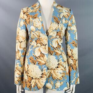 Size L Blue Tan Polyester Blend Floral Notch Lapel Zip Pockets Jacket Blazer